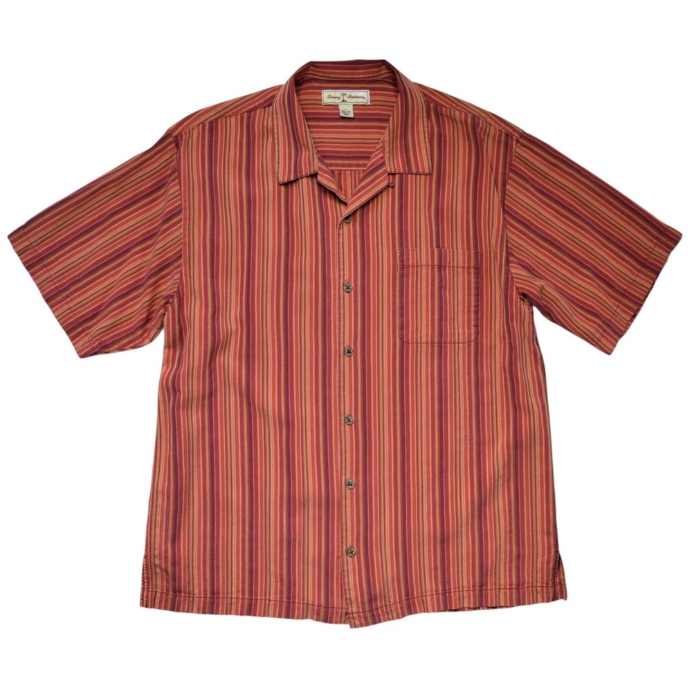 Tommy Bahama Shirt Mens L Silk Camp Button Front Striped Herringbone Rust Orange